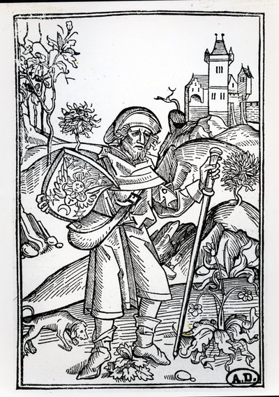 The pilgrim with his dog in front of a castle, frontispiece illustration of the second part of the Opera of Johannes Gerson, published in Basel, 1489 by Albrecht Dürer